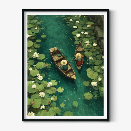 Water Lily Boat Art Print | Japanese Garden Pond Poster, Zen Nature Decor