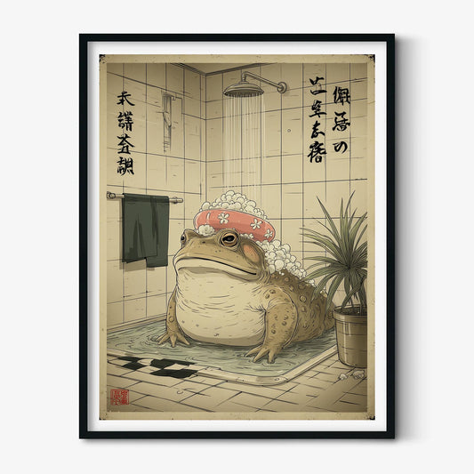 Frog Bathing Art Print | Whimsical Toad Shower Poster, Quirky Bathroom Decor
