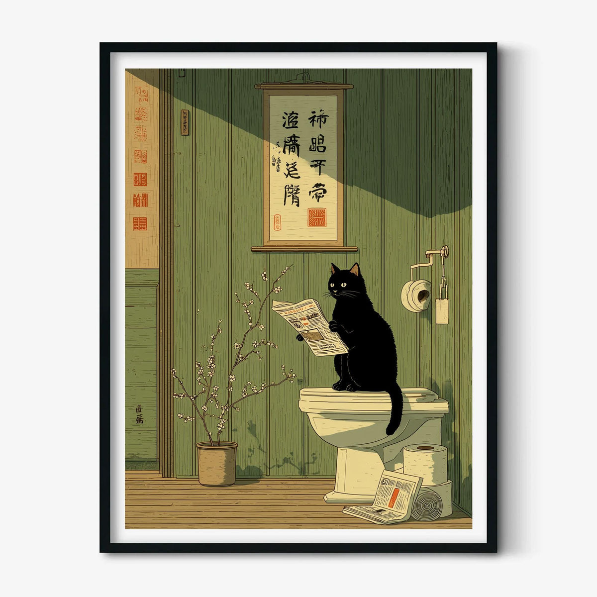 Black Cat Toilet Print | Japanese Ramen Cat Poster, Quirky Bathroom Art