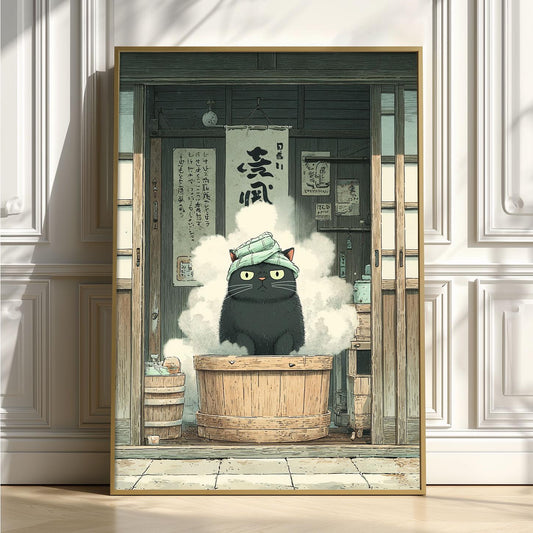 Grumpy Black Cat Japanese Bath Print, Vintage Spa Wall Art, Quirky Bathroom Decor