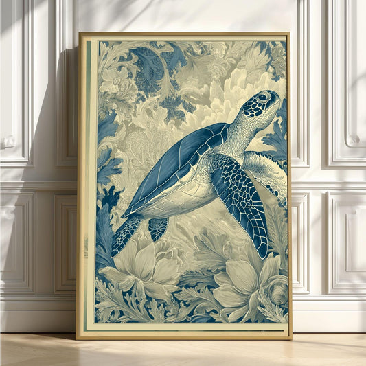 Sea Turtle Poster, Vintage Ocean Botanical Wall Art, Blue Coastal Animal Decor