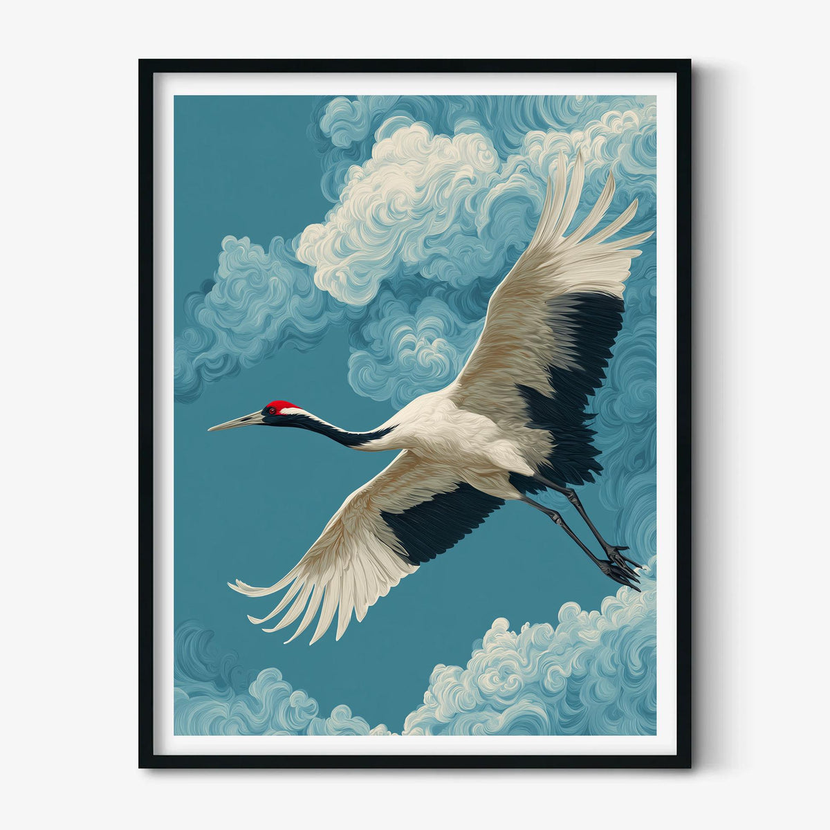 Japanese Crane Print, Majestic Flying Bird Wall Art, Dramatic Blue Sky Decor