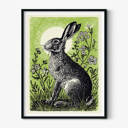 Hare Poster, Green Linocut Style, Woodland Hare and Wildflower Decor