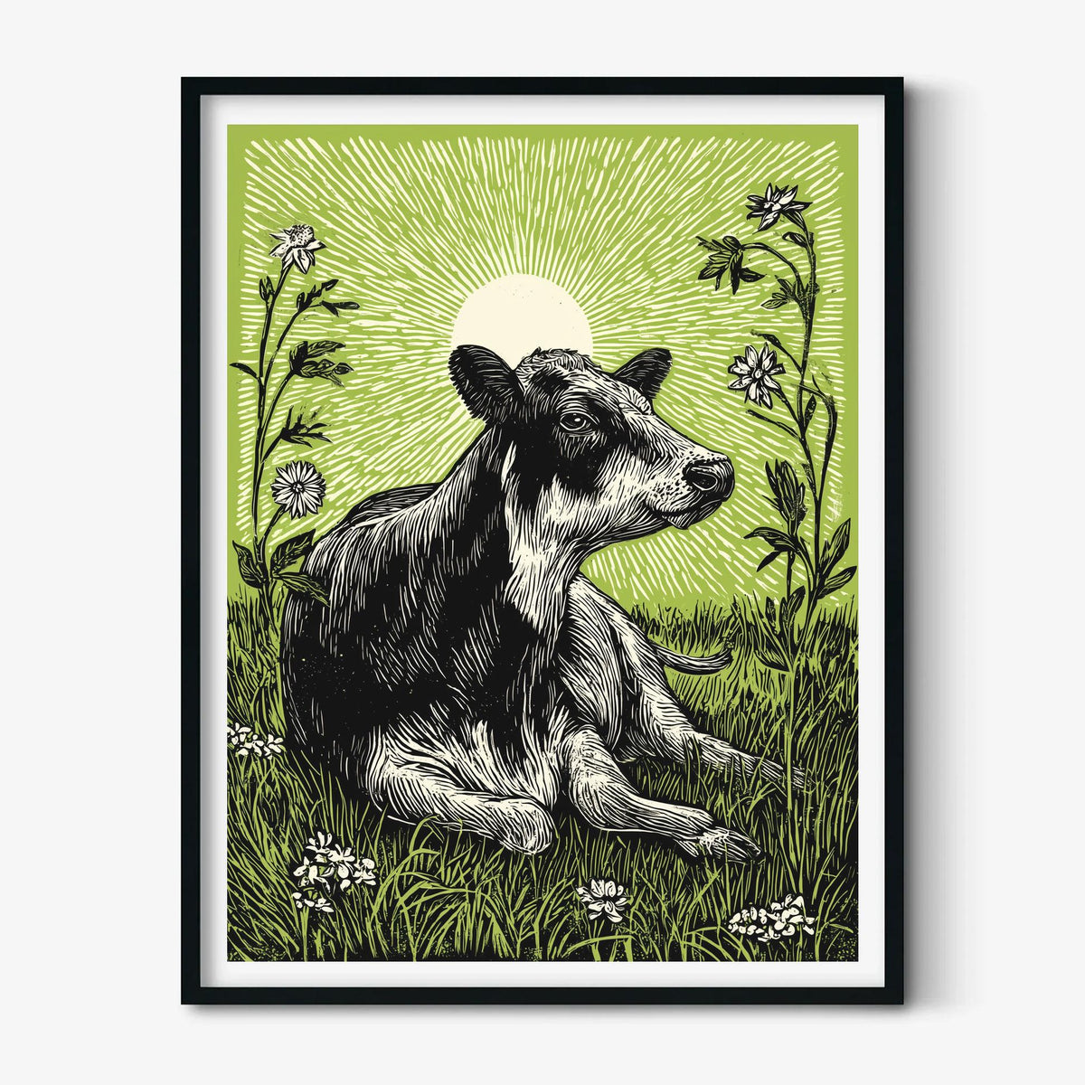 Highland Cow Poster, Green Linocut Style, Farmhouse Cow and Wildflower Decor