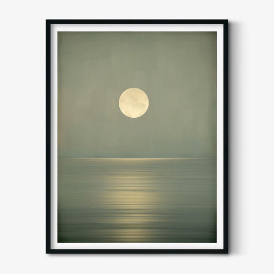 Minimalist Moon Seascape Print, Green Ocean Horizon | Zen Wall Art