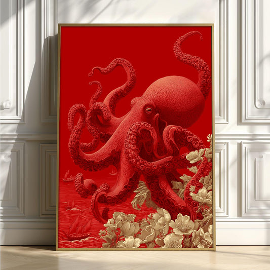 Red Octopus Print, Sea Life Wall Art, Coastal Poster, Statement Home Decor