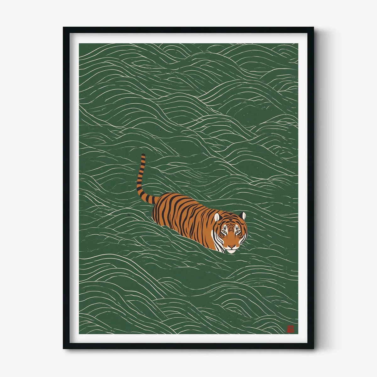 Swimming Tiger Poster, Green Wall Art, Japanese Style Print, Wildlife Illustration