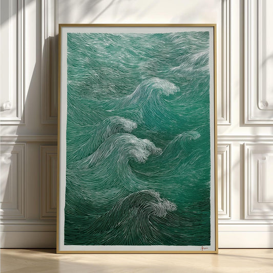 Green Wave Poster, Ocean Wall Art, Woodcut Print, Coastal Illustration