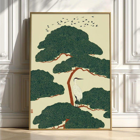 White Heron Print, Japanese Poster, Bird Wall Art, Green Illustration