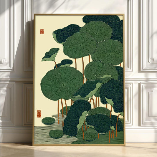 Lotus Leaf Poster, Japanese Botanical Print, Green Wall Art, Zen Bathroom Decor