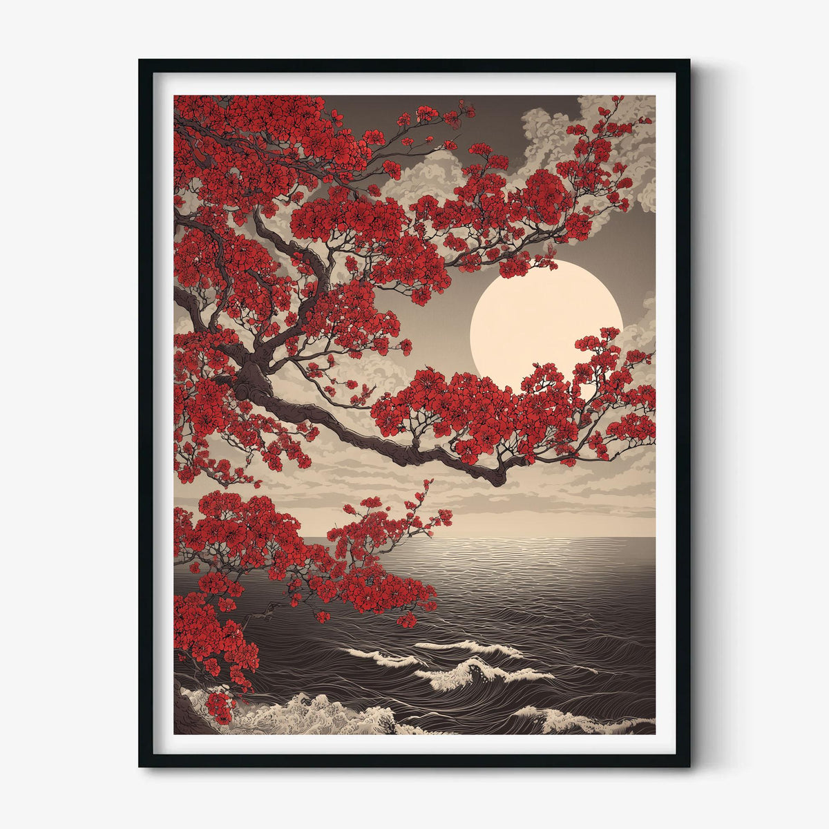 Japanese Red Maple Art Print - Ocean Moon Wall Art - Vintage Japanese Style Poster