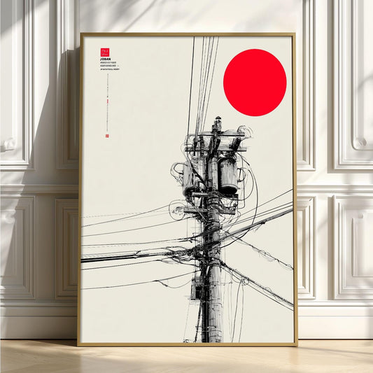 Japanese power pole art print - minimalist line drawing with red sun - modern wall decor
