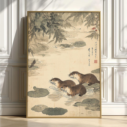 Japanese Otter Art Print - Vintage Sumi-e Wildlife Wall Decor