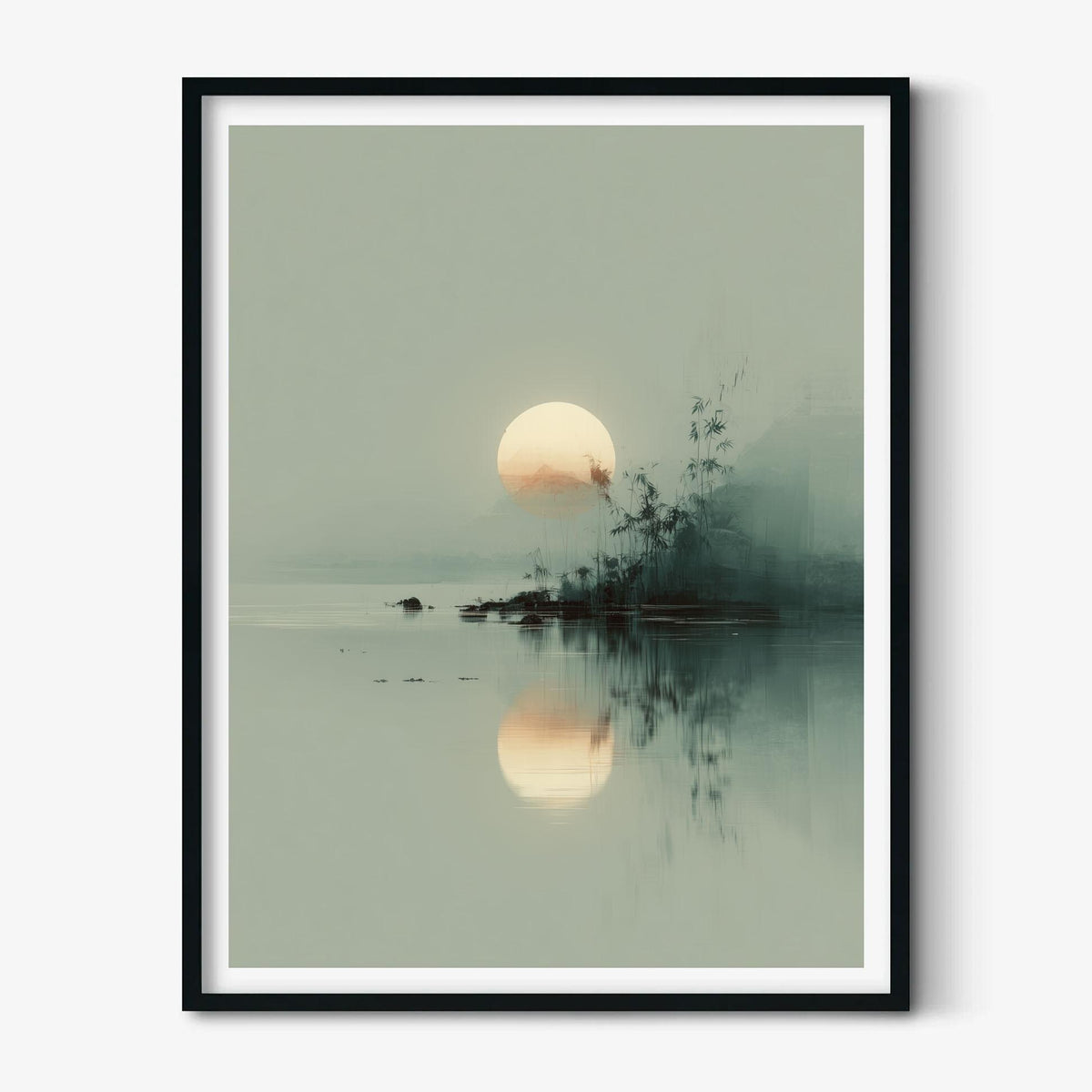 Japanese Landscape Print - Minimalist Sunrise Wall Art, Tranquil Lake Scene