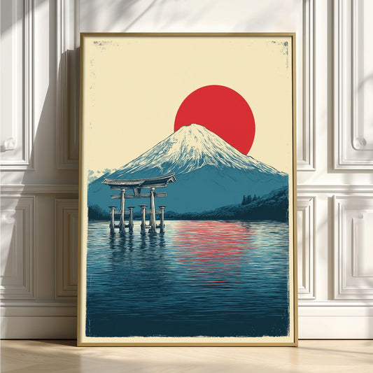 Japanese Wall Art Print - Mount Fuji and Red Sun illustration