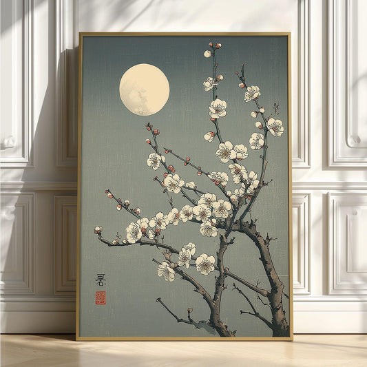 Japanese Print - Moonlit Plum Blossoms Woodblock Style