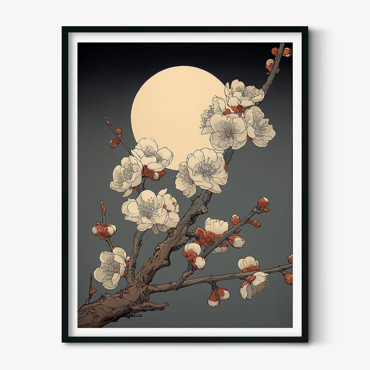 Japanese Blossom Art Print - Moonlit Plum Branch illustration Wall Decor