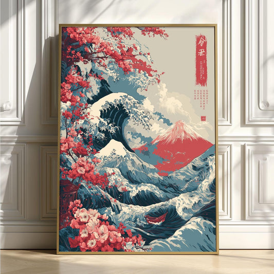 Japanese Wave Art Print - Cherry Blossoms and Mt Fuji Wall Decor