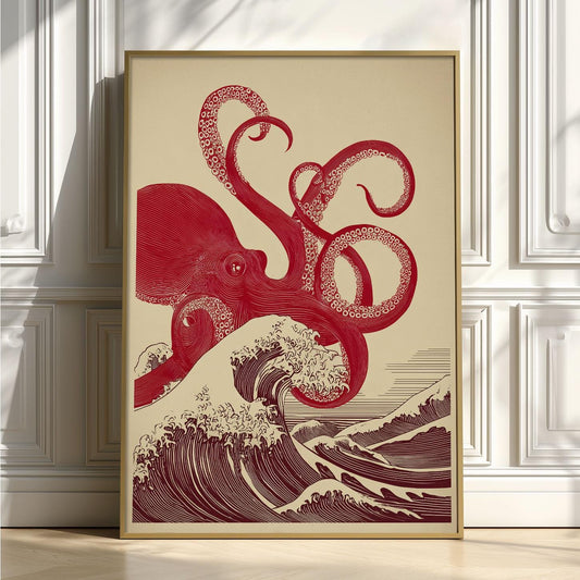 Japanese Octopus Print - Red Takō uUkiyo-e Wave Art Poster