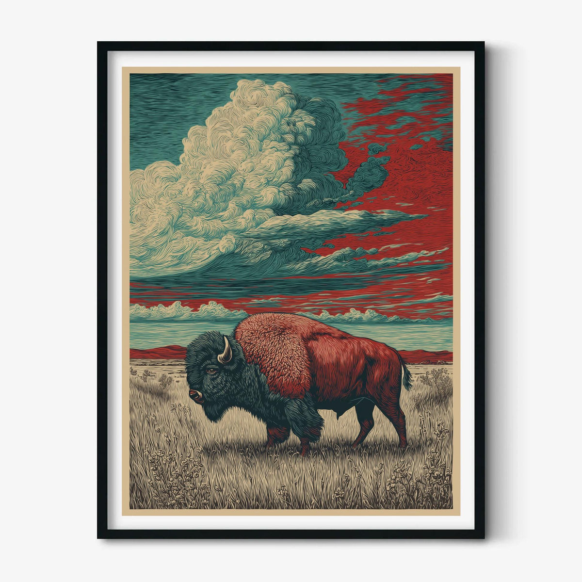 Bison Art Print - Buffalo Wall Art Landscape illustration - Western Decor