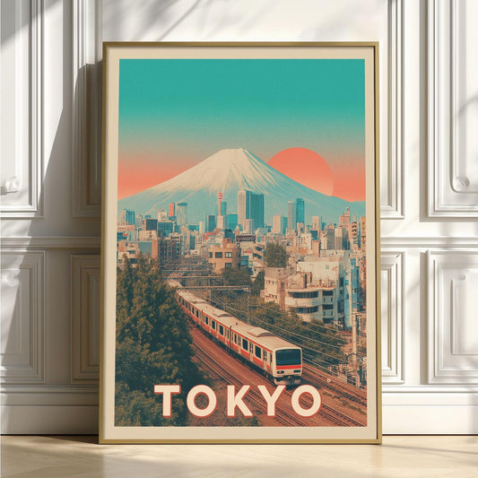 Tokyo Travel Poster Print - Retro Mt Fuji Wall Art - Japan Cityscape Decor