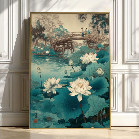 Lotus pond art print - Japanese bridge landscape wall decor