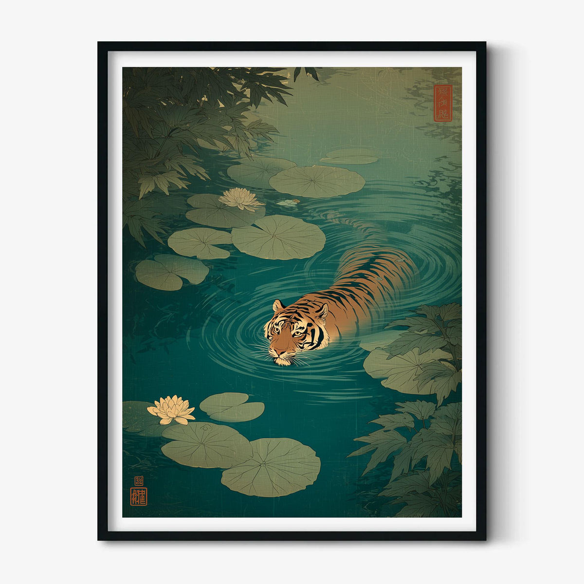 Swimming tiger poster- serene lily pond illustration wall decor