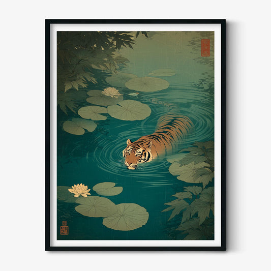 Japanese tiger art print - ukiyo-e style wall decor, lily pond illustration