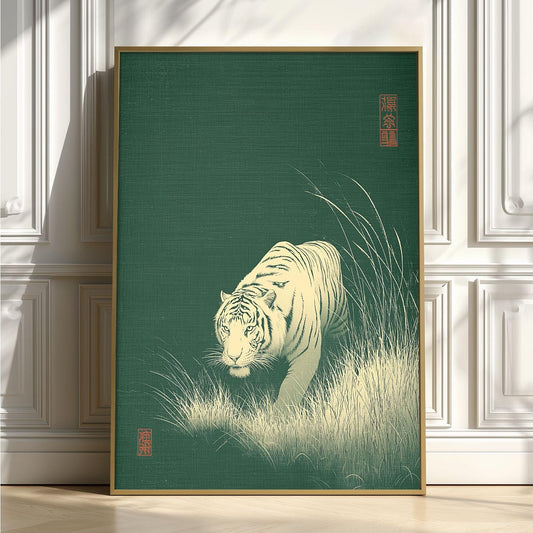 Tiger art print, Japanese style illustration, green wall art