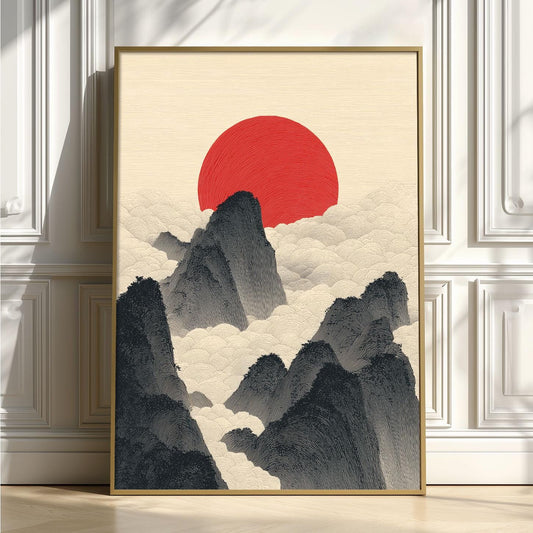 Japanese Sun and Mountains Print, Minimalist Wall Art, Red Rising Sun Poster