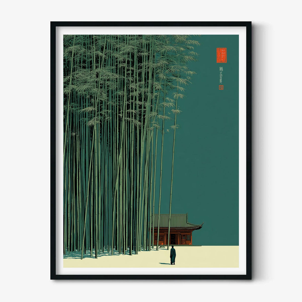 Bamboo Forest Print, Minimalist Asian Wall Art, Teal Green Landscape Illustration
