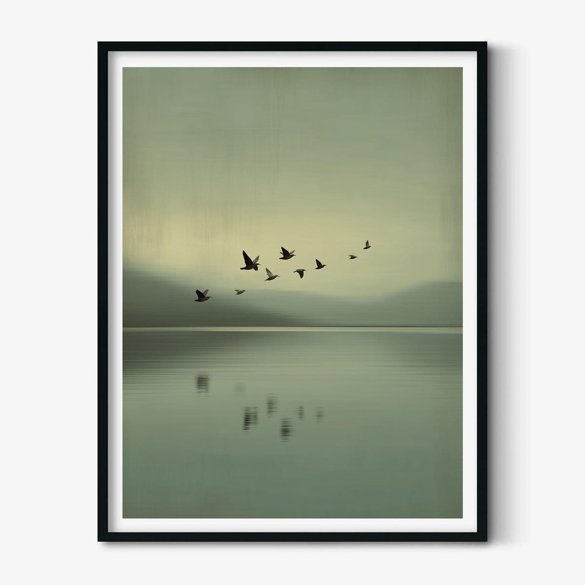Birds Over Calm Lake Poster - Minimalist Wall Art, Soft Green Landscape Print