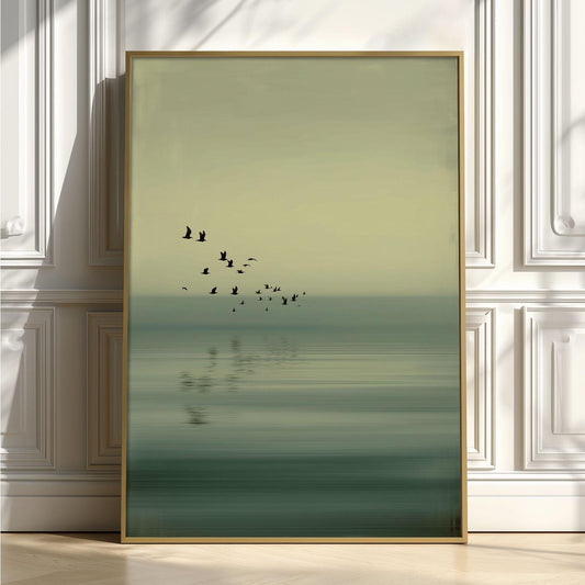 Flying Birds Art Print, Sage Green Seascape, Japandi Wall Art