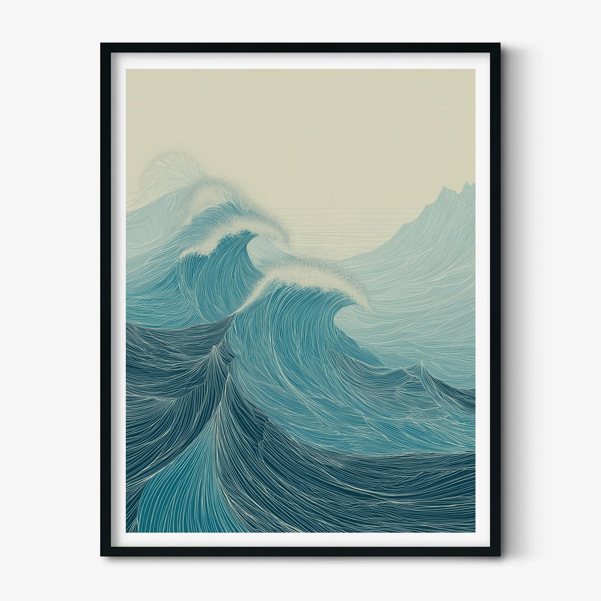 Ocean Waves Poster Print, Teal Line Art Seascape, Coastal Wall Art