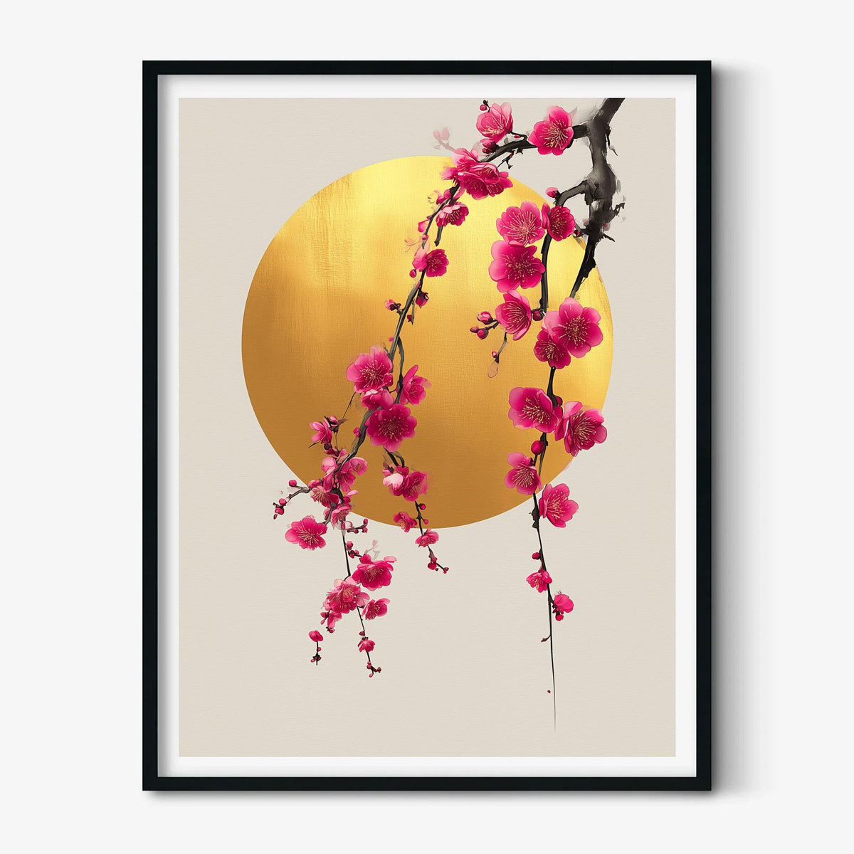 Cherry Blossom Art print - Gold Sun Minimalist Wall Decor - Japanese Floral Poster