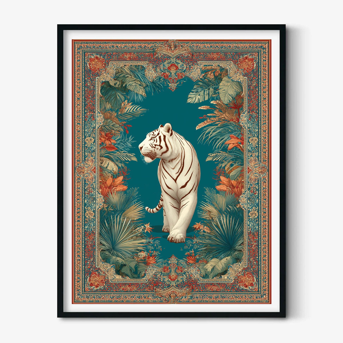 White Tiger Print, Ornate Jungle Decor, Teal Botanical Wall Art