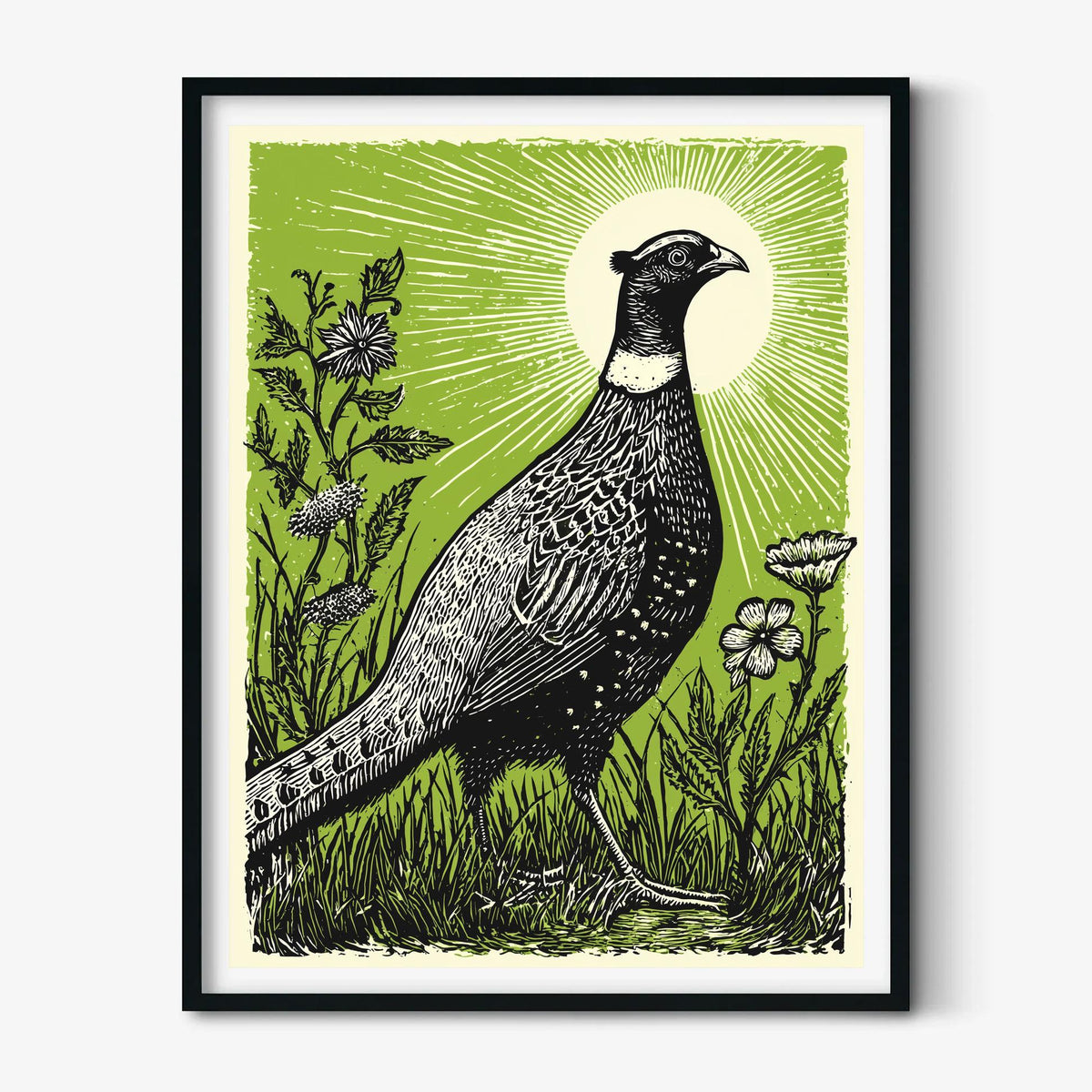 Pheasant Linocut Poster Print, Green Wildlife Illustration, Woodland Wall Art
