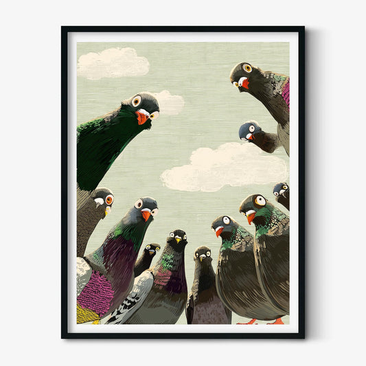 Curious Pigeon Wall Art Print, Quirky Bird Illustration, Funny Animal Decor