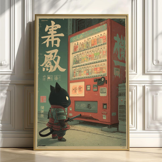 Samurai Cat Poster, Japanese Vending Machine, Anime Wall Art