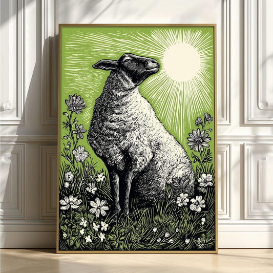 Sheep Linocut Print, Green Farm Animal Poster, Countryside Wall Decor