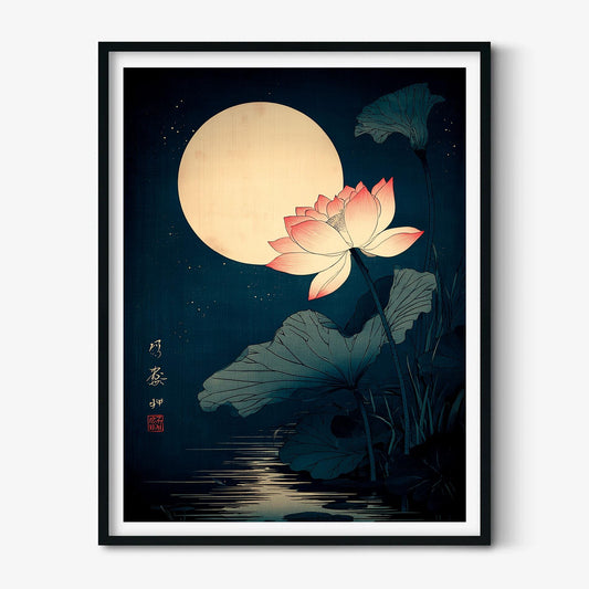 Lotus Flower Print, Japanese Moonlit Pond Poster, Dark Teal Wall Art