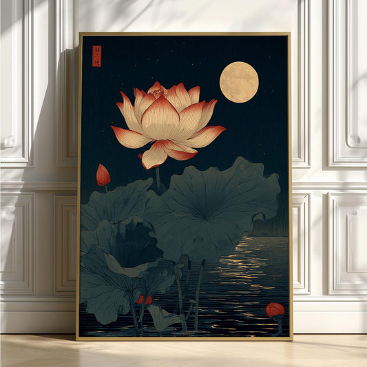 Japanese Lotus Flower Poster, Moonlit Pond Print, Dark Teal Wall Art