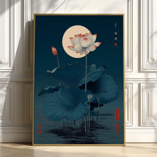 Lotus Flower Print, Japanese Moonlit Pond Poster, Dark Teal Floral Decor