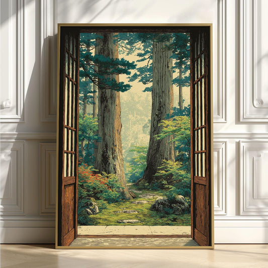 Forest Open Window Poster, Japanese Woodblock Print, Woodland View Wall Art