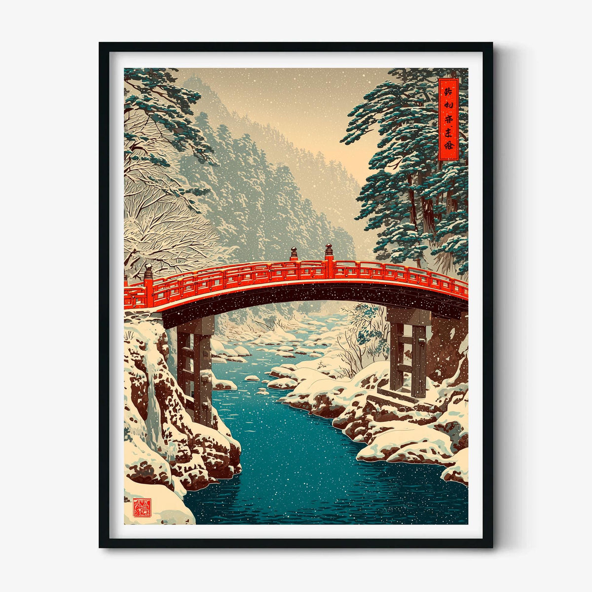 Japanese Winter Poster, Red Bridge Print, Snowy River Wall Art