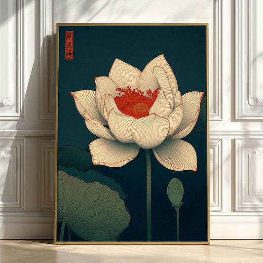 White Lotus Poster, Japanese Botanical Print, Zen Floral Wall Art