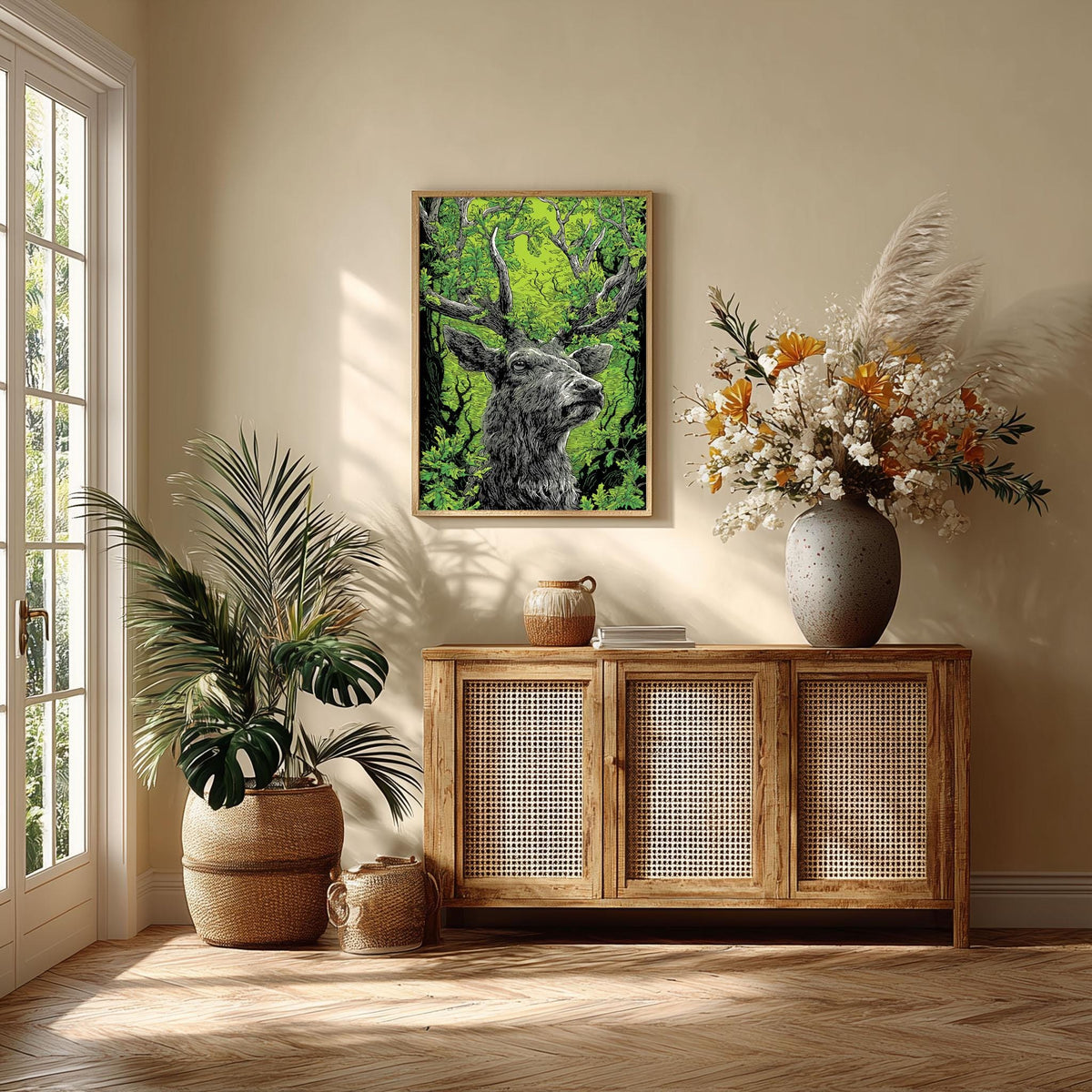 Linocut Stag Poster, Green Deer Print, Woodland Forest Wall Art