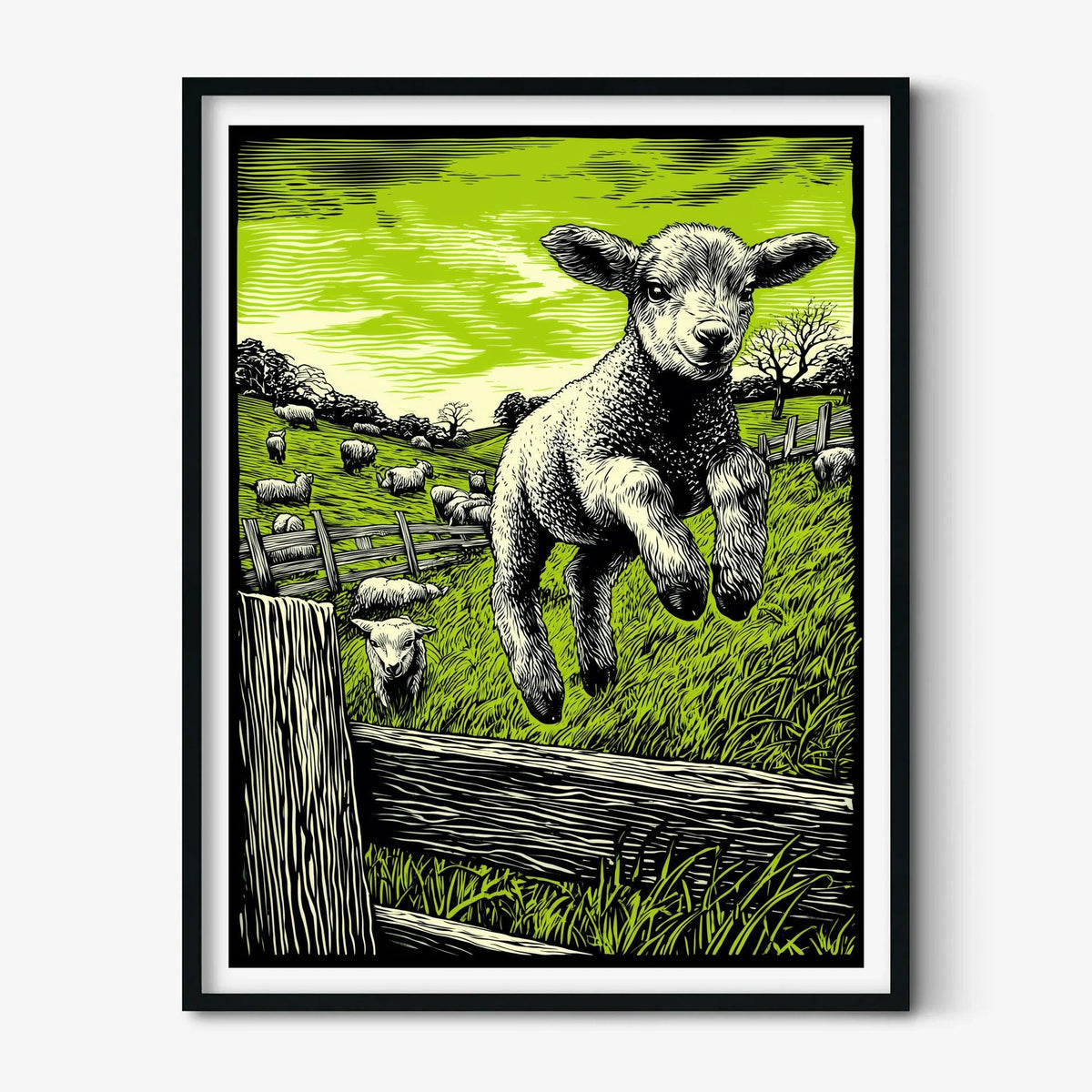 Lamb Poster, Green Linocut Print, Farm Animal Wall Art