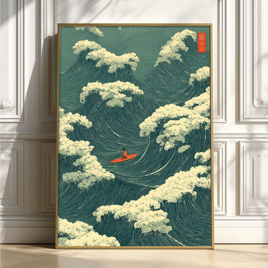 Ocean Wave Poster, Japanese Woodblock Print, Surfer Coastal Wall Art