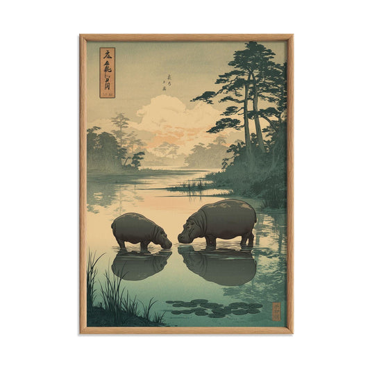 Peaceful Hippo Poster, Japanese Landscape Print, Woodland Wall Art